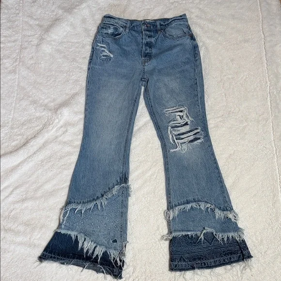 Free People We the Free Distressed Patchwork Flare Jeans Boho Festival Raw Hem - Picture 1 of 11
